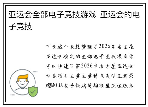亚运会全部电子竞技游戏_亚运会的电子竞技