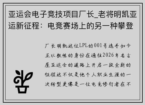 亚运会电子竞技项目厂长_老将明凯亚运新征程：电竞赛场上的另一种攀登